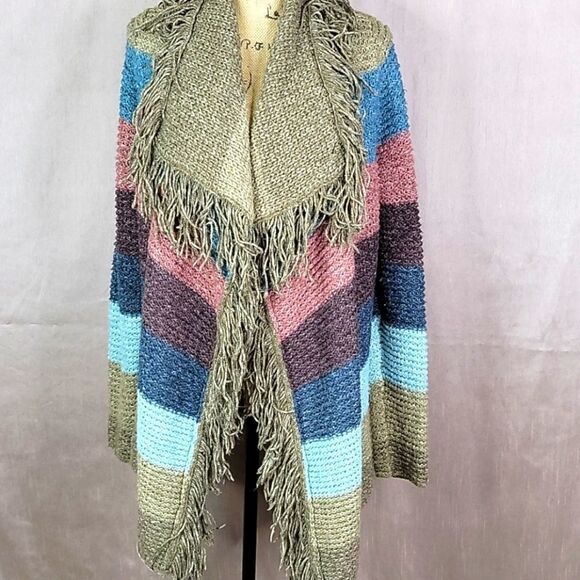 **LIZ CLAIBORNE Striped And Fringed Cardigan Sweater‎ Size Small - Picture 1 of 8